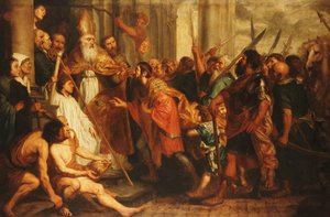 Św. Ambroży, biskup Mediolanu, odmawiający przyjęcia cesarza Teodozjusza do katedry w Mediolanie autorstwa Theodor Boeyermans