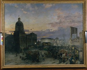 Washington Street, Indianapolis o zmierzchu (olej na płótnie) autorstwa Theodor Groll