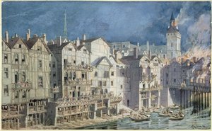 Pożar w Pont aux Meuniers w 1621 r. (pióro i atrament i toaleta na papierze) autorstwa Theodor Josef Hubert Hoffbauer
