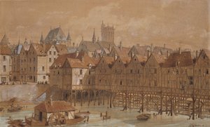 Grand Chatelet i Pont aux Meuniers (pióro, atrament i toaleta na papierze) autorstwa Theodor Josef Hubert Hoffbauer