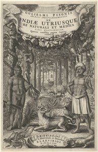 Dwóch mężczyzn i dzikie zwierzęta przed lasem Strona tytułowa dla: Indiae Utriusque, 1658 autorstwa Theodor Matham