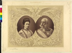 Cesarz Austrii z rodziną Papier pamiątkowy z 40-letniej ceremonii ślubnej Jej Królewskiej Mości 24. Kwiecień 1854 1894