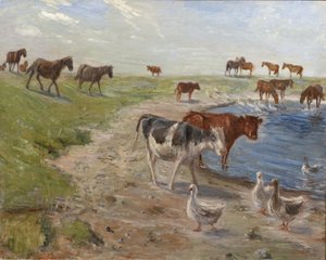 Cielęta i gęsi w wodopoju na wyspie Saltholm autorstwa Theodor Philipsen