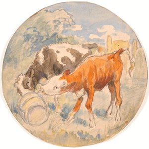 Dwa cielęta na otwartej przestrzeni liżące przewróconego mniszka lekarskiego (projekt naczynia ceramicznego) autorstwa Theodor Philipsen