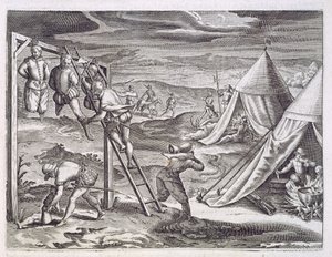 Powieszenie i okaleczenie 3 złodziei, Rio de la Plata, ok. 1536 r., z "Newe Welt und Americanische Historien" Johanna Ludwiga Gottfrieda, opublikowanego przez Mattaeusa Meriana, Frankfurt autorstwa Theodor de (after) Bry