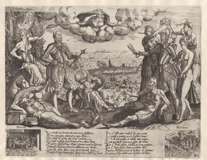 Porównanie Oranje i Alvy z Hiszpańską Furią w tle, ok. 1577 autorstwa Theodor de Bry (attributed to)