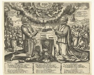 William of Orange i Charlotte of Bourbon klęczą w krajobrazie autorstwa Theodor de Bry (attributed to)