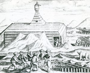 Łowcy niedźwiedzi, ilustracja z "India Orientalis" 1598 (rycina)
