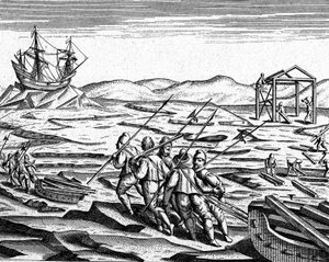 Budowa domu na zimę na biegunie północnym, ok. 1600 r. (ryc.) autorstwa Theodor de Bry