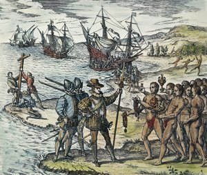 Lądowanie Kolumba w Indiach. 1594 (ksylografia)