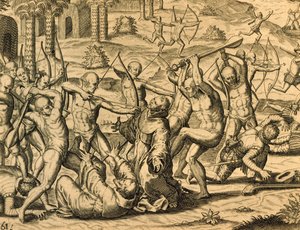 Męczeństwo mnichów misyjnych w Ameryce Południowej, rycina z Historia americae, Theodor de Bry (1528-1598), Frankfurt