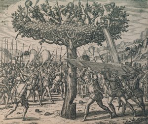 Tubylcy ukrywający się na drzewach walczący z zdobywcami autorstwa Theodor de Bry