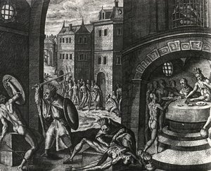 Ksiądz zabija ofiarę fałszywej walki, a następnie oskóruje ciało, Meksyk, rycina z Peregrinationes, Theodor de Bry (1528-1598), Ameryka Środkowa autorstwa Theodor de Bry