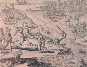 Rzeź lwów morskich przez odkrywców autorstwa Theodor de Bry