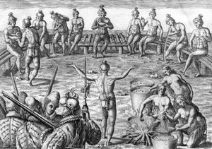 Indianin Timucua z francuskimi odkrywcami autorstwa Theodor de Bry