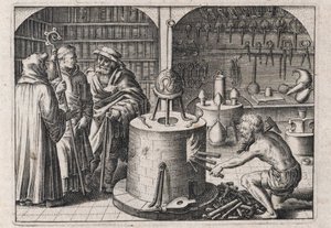 Trzej uczeni rozmawiają w warsztacie alchemicznym z piecem i instrumentami - Grawerunek Teodora de Bry (1528-1598), do traktatu alchemicznego "Tripus avreus, hoc est, Tres tractatus chymici selectissimi" Michaela Maiera (1569-1622)