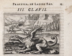 Smok, w tle wilk kradnący kury, zaatakowany przez koguta - Rycina Theodore de Bry (1528-1598), do traktatu alchemicznego "Tripus avreus, hoc est, Tres tractatus chymici selectissimi" Michaela Maiera (1569-1622) autorstwa Theodor de Bry