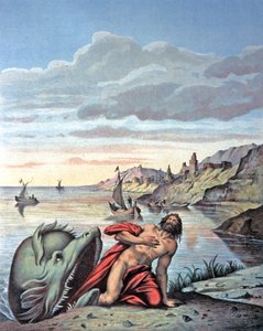 Jonas wychodzi z brzucha wieloryba, połowa XIX wieku (ilustracja) autorstwa Theodore (after) Amst