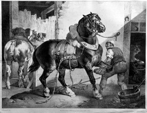 Dopasowanie konia pociągowego (litografia) autorstwa Theodore (after) Gericault
