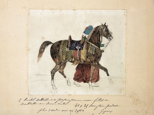 Zaprzężony koń prowadzony przez mameluka, w tle dwie piramidy (ołówek i akwarela na papierze) autorstwa Theodore Gericault