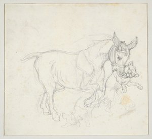 Osioł trzymający psa w pysku (strona przednia); Studium jelenia ściganego przez psy, głowa łani (strona tylna) autorstwa Theodore Gericault
