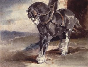 Koń pociągowy przy domu (ołówek i akwarela) autorstwa Theodore Gericault