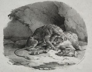 Koń pożarty przez lwa, 1823. autorstwa Theodore Gericault