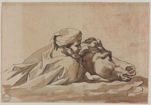 Mężczyzna trzymający konia w wodzie, według "Potopu" Poussina (recto), ok. 1816 (pióro i brązowy tusz oraz pędzel i brązowy pył na graficie) autorstwa Theodore Gericault