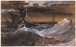 Żaglówka na szalejącym morzu, ok. 1818-9 (pędzel i brązowa farba, akwarela na czarnej kredzie) autorstwa Theodore Gericault