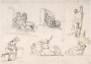 Sześć rysunków, w tym cztery przedstawiające „Biedną włoską rodzinę” autorstwa Theodore Gericault