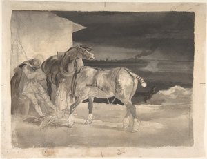 Dwa konie pociągowe ze śpiącym woźnicą autorstwa Theodore Gericault