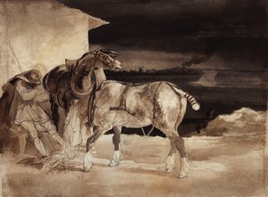 Dwa konie i śpiący pan młody, ok. 1822-1823 autorstwa Theodore Gericault