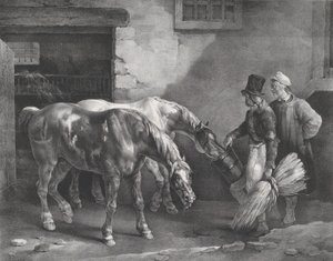 Dwa konie pocztowe przy drzwiach stajni, 1822. autorstwa Theodore Gericault