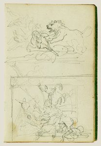 Dwa szkice kompozycyjne przedstawiające polowanie na lwa autorstwa Theodore Gericault