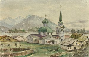 Widok z tyłu kościoła greckiego, Sitka, 1888. autorstwa Theodore J. Richardson