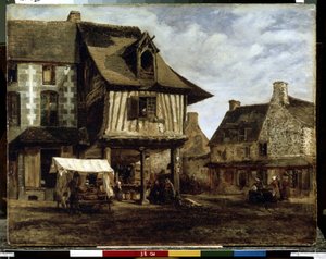 Rynek w Normandii (domy z muru pruskiego) (Rynek w Normandii). Obraz Theodore Rousseau (1812-1867). Olej na drewnie, 29,5 x 38 cm, ok. 1830. Sztuka francuska z Barbizon. Muzeum Ermitażu w Sankt Petersburgu. autorstwa Theodore Rousseau