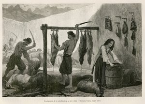 Przygotowanie kastradyny, specjalności mięsa owczego i koziego solonego i bucanee, pod koniec października w Dalmacji (Istria i Hercegowina (Chorwacja)), rysunek Valerio, ilustrujący podróż do Czarnogóry w 1874 roku przez Karola Yriarte