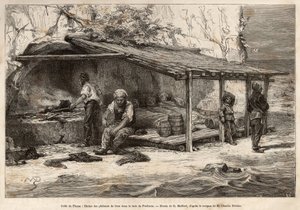 Chata do połowu tuńczyków w zatoce Proelucca, Zatoka Fiume (lub Rijeka, Istria), trzech rybaków jeszcze śpi, owiniętych w koce, inny wyposaży i zastąpi obserwację, inny przygotuje kuchnię, a mech będzie wędrował po stopa