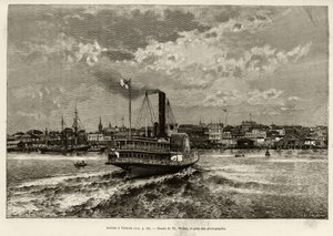 Przylot do Wiktorii w Kanadzie. Grawerowanie autorstwa Th.Webera, aby zilustrować historię „”Transcanadien and Alaska”” E.Cotteau, w 1890, w Le tour du monde, nouveau journal des voyages, pod redakcją Edouarda Chartona (1807-1890), 2. semestr 1891 , wydani autorstwa Theodore Weber