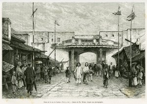 Canton Street Gate w Hanoi. Grawerowanie Th. Weber, z fotografii, aby zilustrować historię Trente mois au Tonkin w 1884 roku, autorstwa doktora Hocquarda, w tour du monde 1889, pod kierunkiem Edouarda Chartona (1807-1890), Hachette, Paryż.