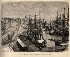 Les quais de Montreal, rycina wg rysunku Th. Weber, ilustrujący wycieczkę do Kanady i Riviere Rouge du nord, H. De Lamotte, w 1873, opublikowany w „Le tour du monde”” 1875, pod redakcją Edouarda Chartona, wyd. Hachette, Paryż. Własna autorstwa Theodore Weber
