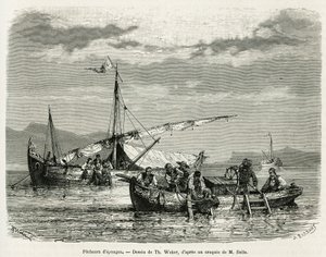 Rybacy gąbki w Zatoce Nafplio, rysunek The. Webera, aby zilustrować historię podróży do Grecji w latach 1861, 1868 i 1874 Henri Belle. Grawerowanie w Le tour du monde
