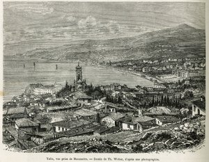 Jałta, zaczerpnięta z Massandry, rysunek Th.Webera, aby zilustrować historię Cztery miesiące w Rosji, w 1876 roku, autorstwa F. De Mely. Grawerowanie w Le tour du monde autorstwa Theodore Weber