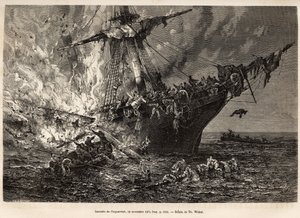 Pożar Cospatrick, brytyjskiego statku przewożącego ponad 400 emigrantów do Nowej Zelandii, 19 listopada 1874 r., wygrawerowany według rysunku T. Webera, ilustrującego badanie burz i podróży, autorstwa pana Zurchera i pana Margolle, w 1870-1874, wyd