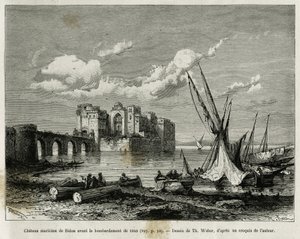 Morski zamek Sydon przed bombardowaniem 1840 r. Rycina Th. Weber, aby zilustrować historię La Syria d