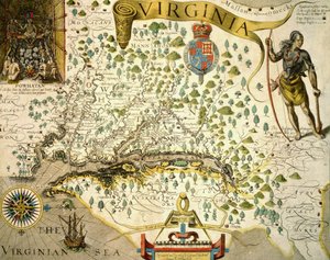 Sloane MS 1622 Mapa stanu Wirginia, przedstawiająca w lewym górnym rogu zdjęcie wodza Powhatana autorstwa Johna Smitha (1580-1631) 1624 (kolorowane ręcznie) autorstwa Theodore de (after) Bry