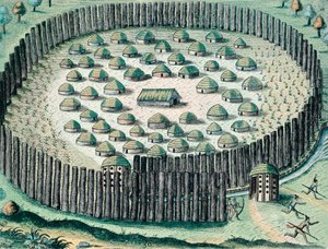 Ufortyfikowana wioska indiańska, ilustracja z dyskursu o Florydzie, Theodore de Bry, rycina autorstwa Theodore de Bry