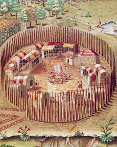 Ufortyfikowana wioska indiańska Pomeiok, ilustracja z Admirandy Narratio, autorstwa Theodore