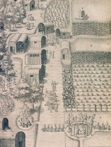 Indiańska wioska otoczona ziemią uprawną w Wirginii autorstwa Theodore de Bry