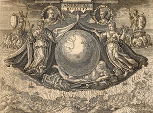 Alegoria Indii Zachodnich lub obu Ameryk, z portretami nawigatorów Krzysztofa Kolumba i Amerigo Vespucci autorstwa Theodore de Bry